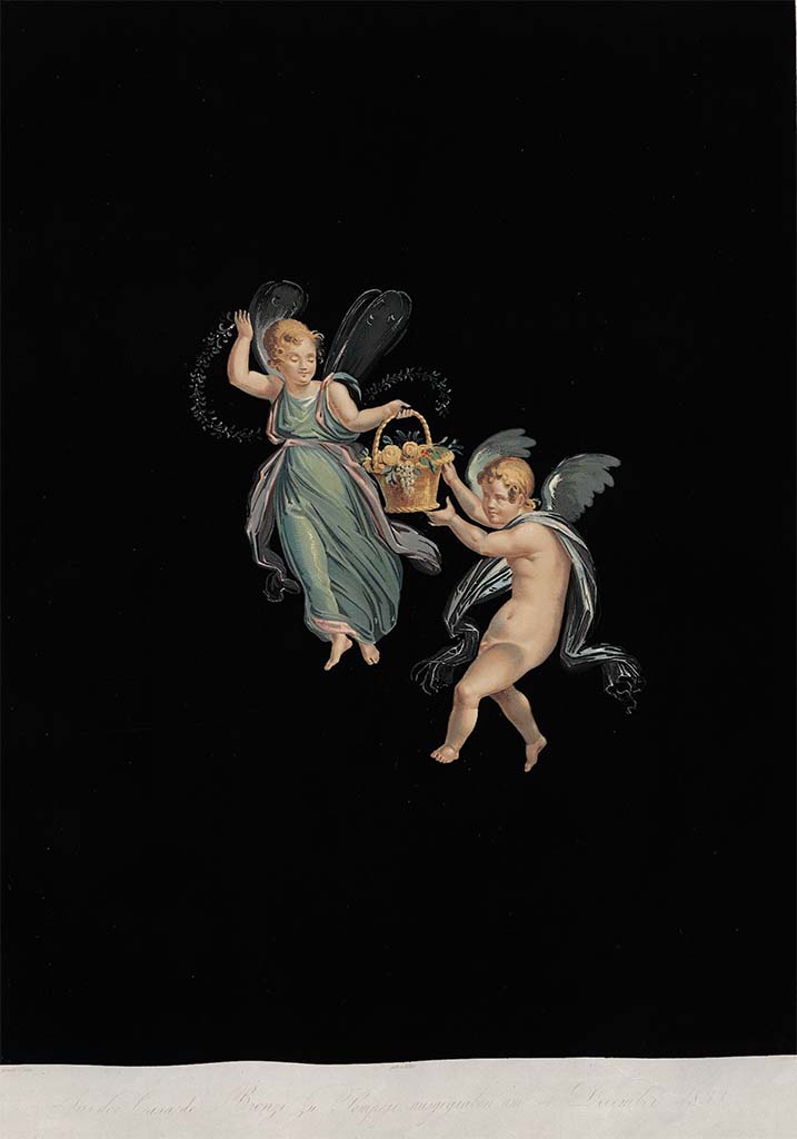 VII.4.59 Pompeii. 4th December 1833. Painting by Zahn.
According to Zahn, this is a painting of the flying group, Cupid and Psyche, from the north end of the richly painted west wall which he had outlined in Plate No.53, above.
See Zahn, W., 1842-44. Die schönsten Ornamente und merkwürdigsten Gemälde aus Pompeji, Herkulanum und Stabiae: II. Berlin: Reimer, taf. 67.