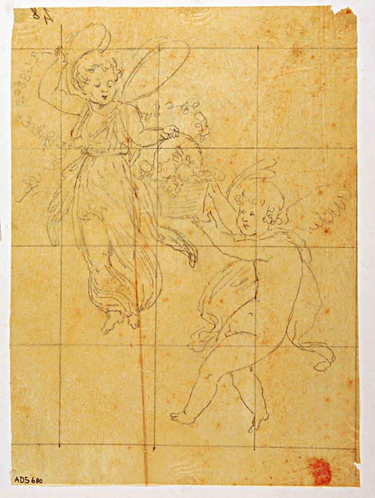VII.4.59 Pompeii.
Drawing attributed to Giuseppe Abbate, of cupid and Psyche from one of the side panels of the exedra or triclinium y.
Now in Naples Archaeological Museum. Inventory number ADS 680.
Photo © ICCD. https://www.catalogo.beniculturali.it/
Utilizzabili alle condizioni della licenza Attribuzione - Non commerciale - Condividi allo stesso modo 2.5 Italia (CC BY-NC-SA 2.5 IT)