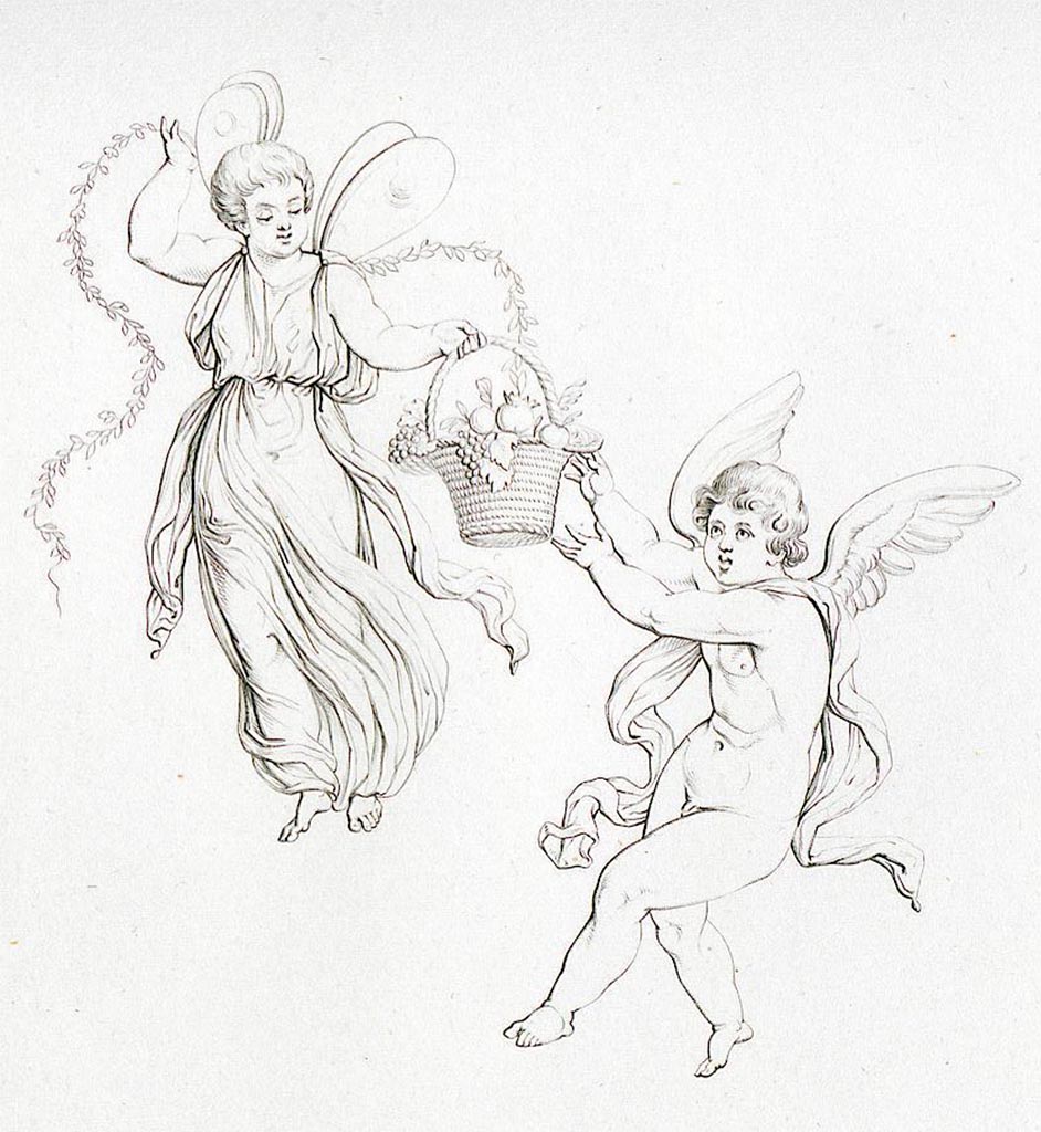 VII.4.59 Pompeii.
Drawing by La Volpe of cupid and Psyche from one of the side panels of the exedra or triclinium y.
See Real Museo Borbonico XI, 1835, tav. LVII.