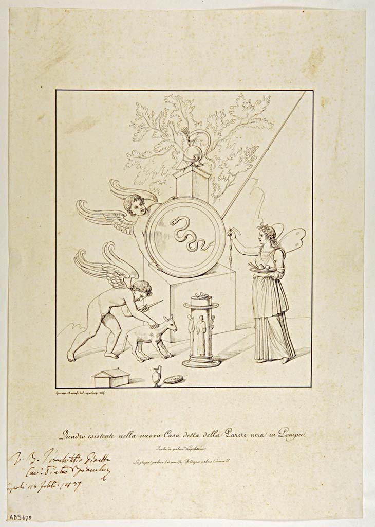 VII.4.59 Pompeii. Drawing by Giuseppe Marsigli, 1837, a copy of the painting of Cupids and Psyche making sacrifices to Mars.
Found in the Exedra or triclinium y, south wall.
Now in Naples Archaeological Museum. Inventory number ADS 678.
Photo © ICCD. http://www.catalogo.beniculturali.it
Utilizzabili alle condizioni della licenza Attribuzione - Non commerciale - Condividi allo stesso modo 2.5 Italia (CC BY-NC-SA 2.5 IT)