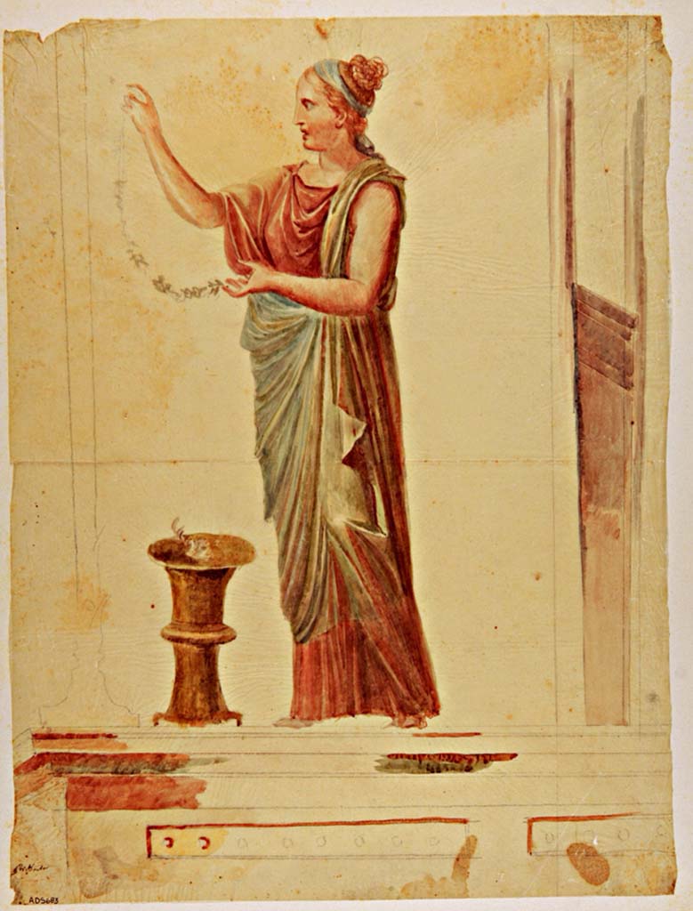 VII.4.59 Pompeii. Drawing by Giuseppe Marsigli, of female figure with garland and incense burner, as seen on upper south wall, on west side of centre.
Now in Naples Archaeological Museum. Inventory number ADS 683.
Photo © ICCD. http://www.catalogo.beniculturali.it
Utilizzabili alle condizioni della licenza Attribuzione - Non commerciale - Condividi allo stesso modo 2.5 Italia (CC BY-NC-SA 2.5 IT)