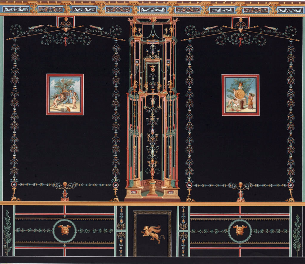 VII.4.59 Pompeii. Exedra or triclinium y, south wall. 1886 painting by V. Loria of lower part of the wall.
See D’Amelio, P, 1886. Dipinti murali scelte di Pompei. Naples: Richter, Tav. 7.
According to Curtius the inset painting on the left is Cupids playing with the attributes of Hera.
See Curtius, L., 1972. Die Wandmalerei Pompejis. New York: Hildesheim, p. 396 fig. 215.