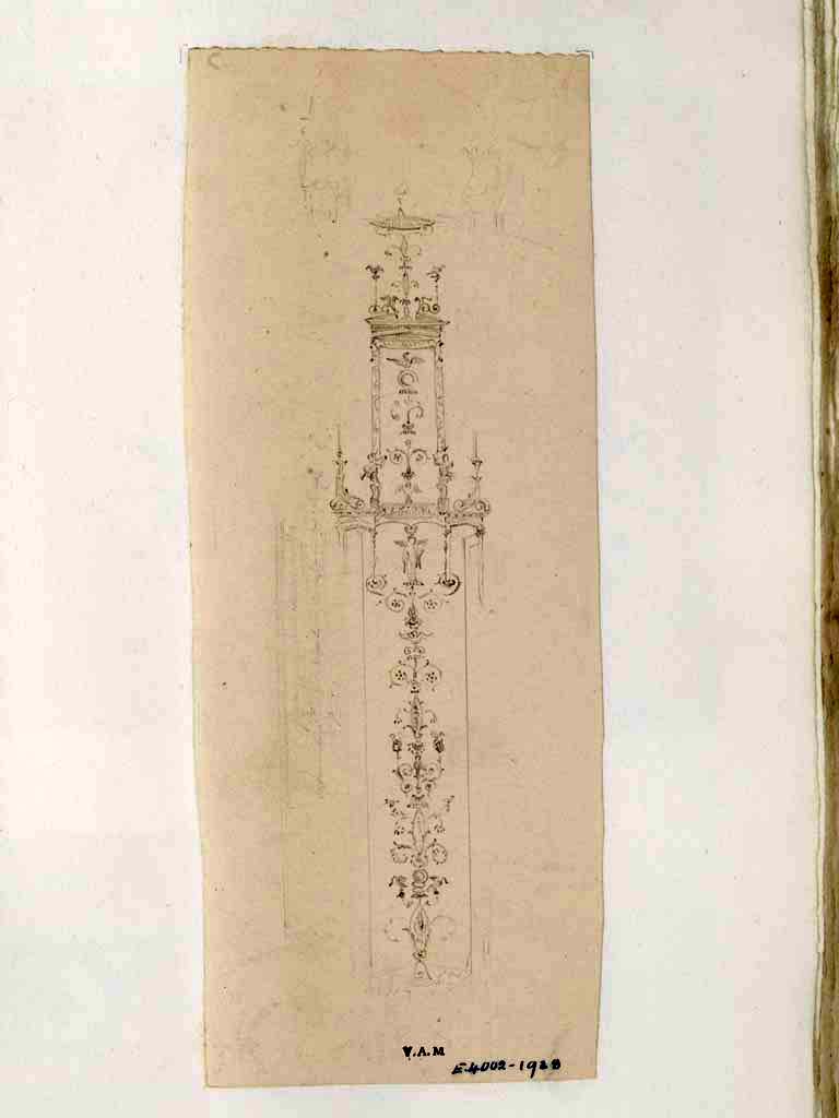 VII.4.59 Pompeii. c.1840.
Exedra or triclinium y, drawing by James William Wild, showing detail of candelabra separating panels on south wall.
Photo © Victoria and Albert Museum, inventory number E.4002-1938.