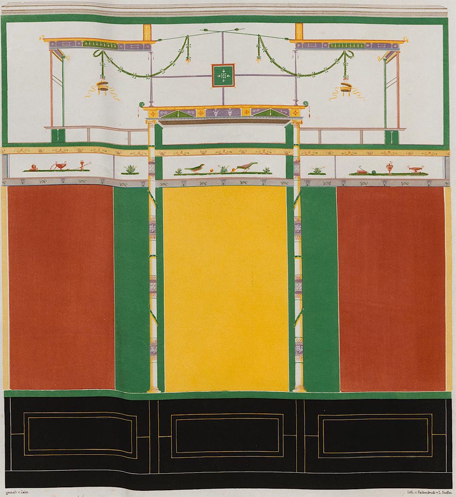 VII.4.59 Pompeii. 1842 painting by Zahn of double cubiculum i north wall.
See Zahn, W., 1842. Die schönsten Ornamente und merkwürdigsten Gemälde aus Pompeji, Herkulanum und Stabiae: II. Berlin: Reimer, Taf. II, 35.