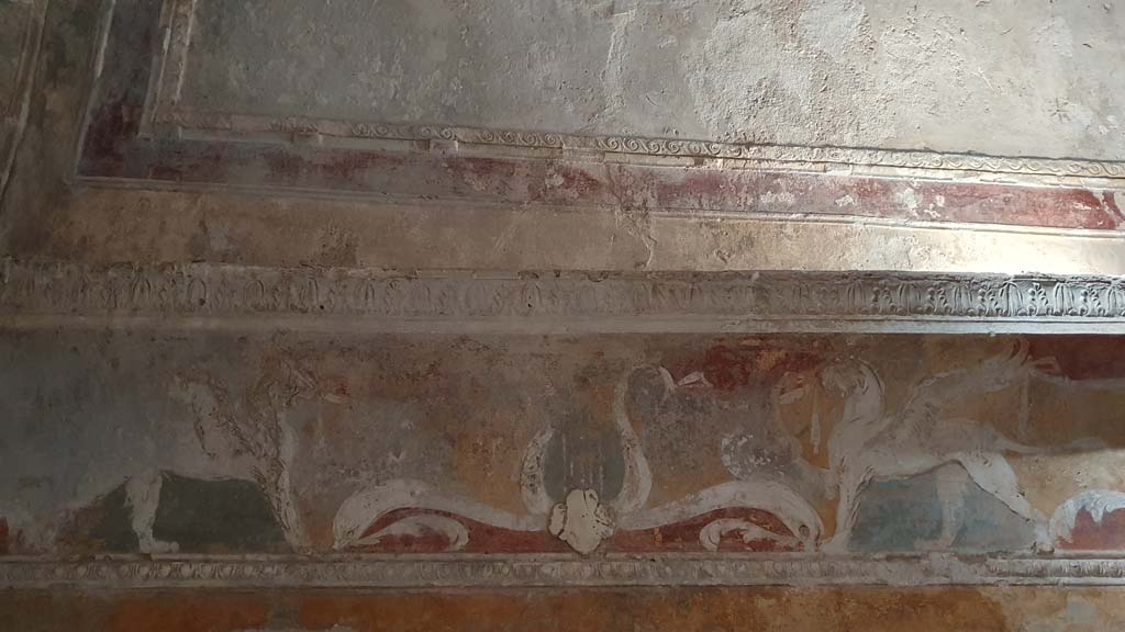 VII.5.24 Pompeii. August 2021. Apodyterium (14), detail of decorative stucco from west wall in south-west corner.
Foto Annette Haug, ERC Grant 681269 DÉCOR.