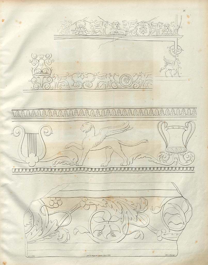 VII.5.24 Pompeii. Pre-1828.
Drawings by Zahn, in the middle row, the frieze with a panther, was from the Baths.
The top two drawings are in Naples Museum.
The decoration at the bottom was marble, and in Naples Museum.
See Zahn, W., 1828-29. Die schönsten Ornamente und merkwürdigsten Gemälde aus Pompeji, Herkulanum und Stabiae: I. Berlin: Reimer, taf. 76.