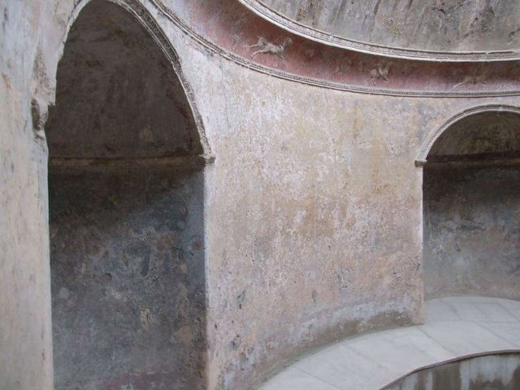 VII.5.24 Pompeii. March 2009. Frigidarium (19) with two of the four niches (20) with seats and steps (21) for the bathers. The stucco cornice represents a race of cupids in two-horse chariots or on horseback.