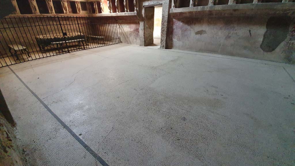 VII.5.24 Pompeii. August 2021. Tepidarium (37), looking across flooring towards west wall with doorway to Caldarium 39.
Foto Annette Haug, ERC Grant 681269 DÉCOR.