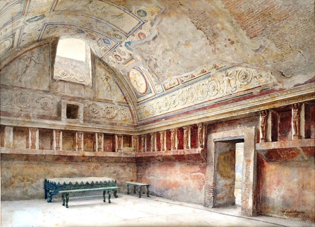 VII.5.24 Pompeii. 1902.
Watercolour by Luigi Bazzani, looking towards the south-west corner of tepidarium, with doorway to caldarium.