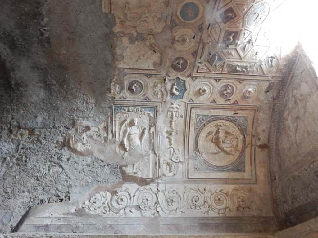 VII.5.24 Pompeii. May 2015. Ceiling plaster stucco in south-east corner of tepidarium.
Photo courtesy of Buzz Ferebee.
