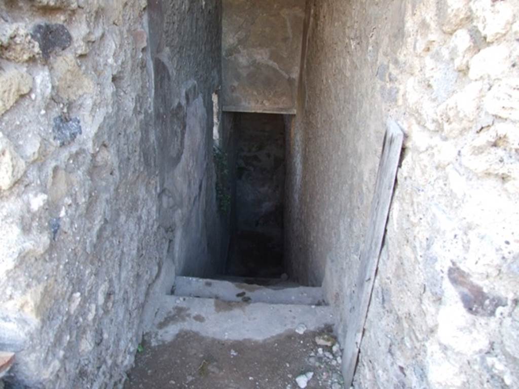 VII.6.3 Pompeii. December 2007. Staircase 16 to underground rooms. According to Spano the staircase had sixteen masonry steps of varying heights. There was a tall plaster plinth on both sides. The top was vaulted and received light from two skylights. See Notizie degli Scavi di Antichità, 1910, p. 444.