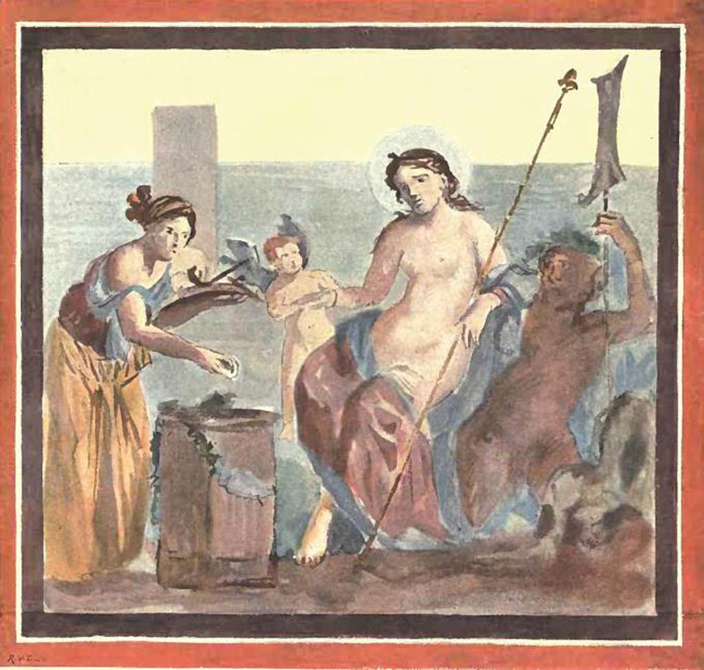 VII.7.5 Pompeii. Room (n), painting by P, Gusman, entitled Venus as protectress of Pompei.
See Gusman, P. (1900). Pompei, the city, its life and art. London, William Heinemann. (pl.1).
Original painting now in Naples Archaeological Museum.