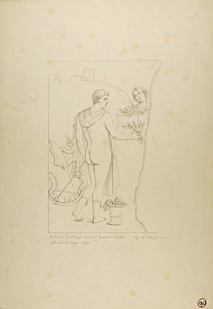 VII.7.5 Pompeii, 1871. Room (n). Drawing by N. La Volpe of Tryptolemus receiving the ears of corn from Prosperina.
Now in Naples Archaeological Museum. Inventory number ADS702.
Photo © ICCD. http://www.catalogo.beniculturali.it
Utilizzabili alle condizioni della licenza Attribuzione - Non commerciale - Condividi allo stesso modo 2.5 Italia (CC BY-NC-SA 2.5 IT)