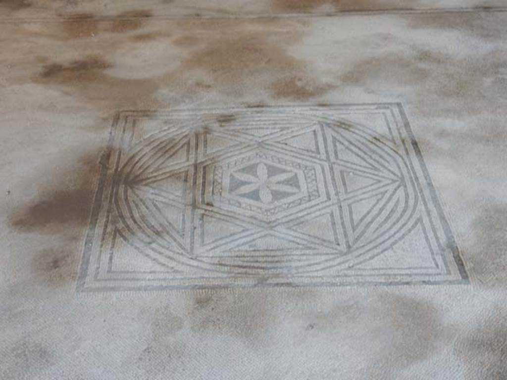 VII.7.5 Pompeii, May 2018. Room (n), detail of central emblema of flower with six petals set in geometric motif, in white and black mosaic floor.
Photo courtesy of Buzz Ferebee.