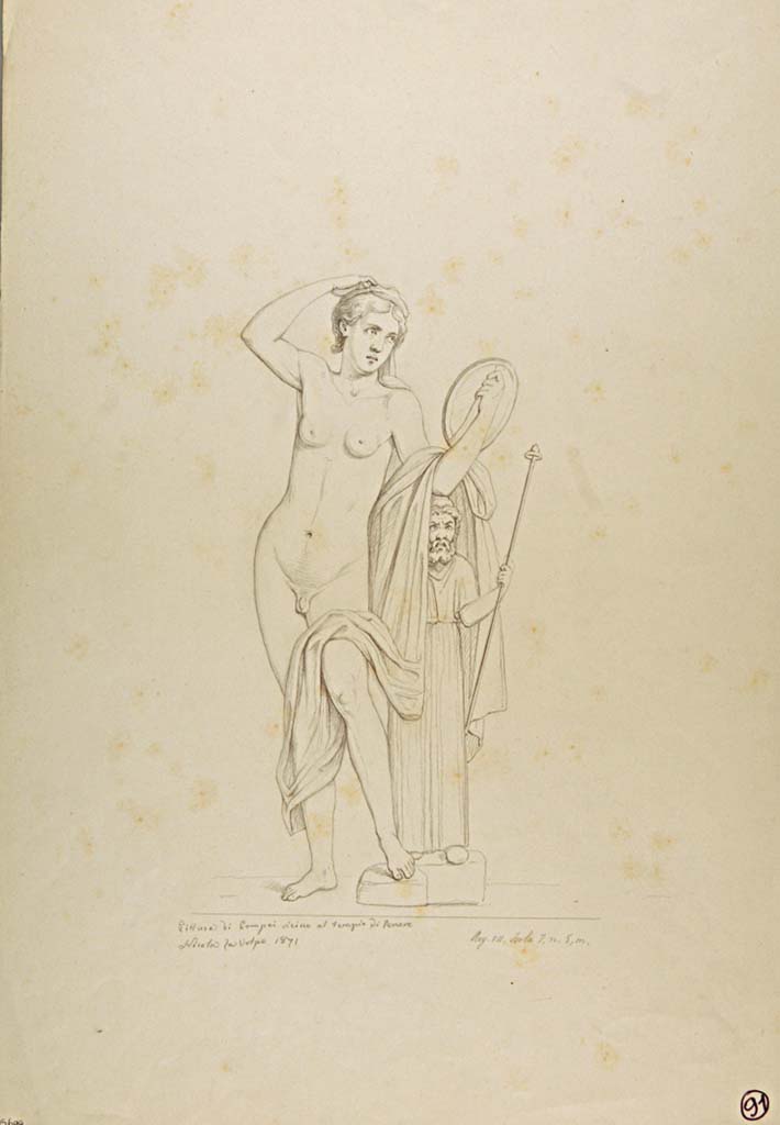 VII.7.5 Pompeii. Oecus (m). 1871 drawing of painting of Hermaphrodite by Nicola La Volpe.
The drawing depicts Hermaphrodite naked, standing, with robe wrapped around the left arm that falls on the leg, intently looking at himself in a mirror.
The left arm stretches over the head and the right arm rests on the head of a statue of a bearded Pan, who is dressed in long chiton and with a thyrsus in his left hand.
Now in Naples Archaeological Museum. Inventory number ADS 699.
Photo © ICCD. http://www.catalogo.beniculturali.it
Utilizzabili alle condizioni della licenza Attribuzione - Non commerciale - Condividi allo stesso modo 2.5 Italia (CC BY-NC-SA 2.5 IT)
See Giornale degli Scavi NS2 1873 no. 19, p. 372.
According to Trendelenburg, the mirror is unusual in not having a handle but being held by the hand through a strap across its back.
See Bullettino dell’Instituto di Corrispondenza Archeologica (DAIR), 1871, p. 237.