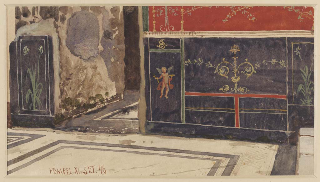 VII.7.5 Pompeii, September 1876.
Watercolour by Luigi Bazzani. Ala (e), looking towards zoccolo on south wall with doorway into room (d).
Photo © Victoria and Albert Museum. Inventory number 2040-1900.