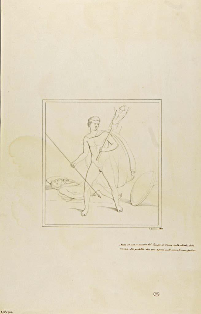VII.7.10 Pompeii. Peristyle. 1871 drawing by G. Discanno. A naked warrior carries a spear in his right hand.
He carries a trophy of armour over his left shoulder taken from his enemy who lies dead at his feet.
Now in Naples Archaeological Museum. Inventory number ADS 704.
Photo © ICCD. http://www.catalogo.beniculturali.it
Utilizzabili alle condizioni della licenza Attribuzione - Non commerciale - Condividi allo stesso modo 2.5 Italia (CC BY-NC-SA 2.5 IT)