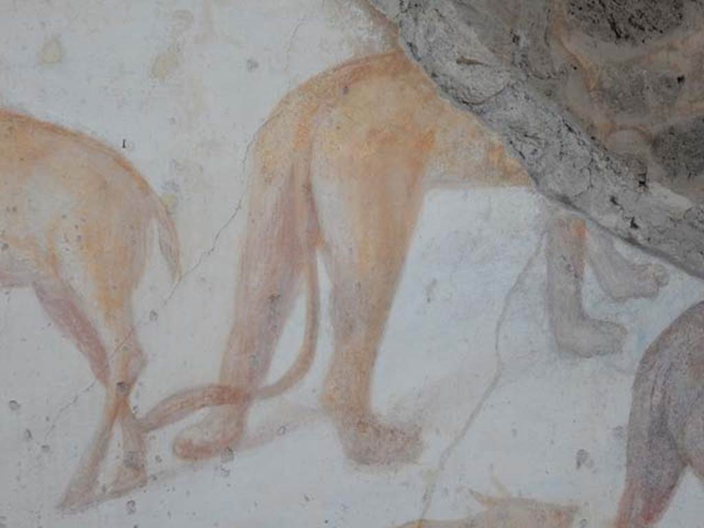 VII.7.10 Pompeii. May 2018. Peristyle, detail of rear legs of animal on north wall. Photo courtesy of Buzz Ferebee.