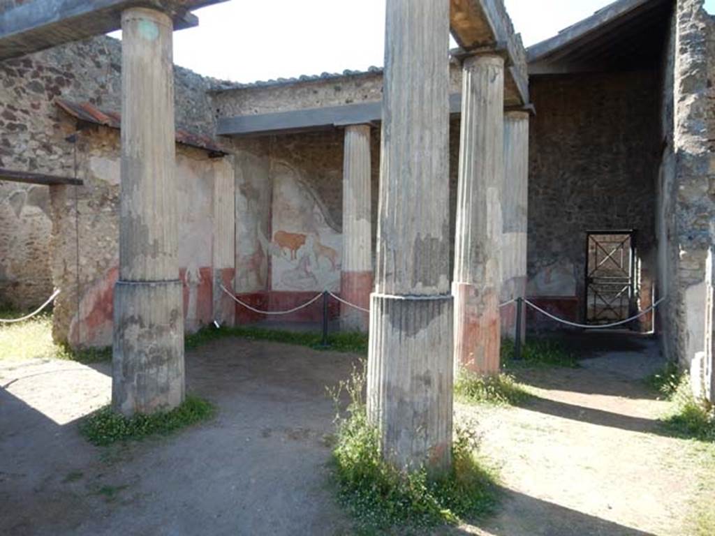 VII.7.10 Pompeii. May 2018. Looking from south portico, at rear of tablinum, towards rear entrance at VII.7.13, on right.
The doorway to the kitchen area is on the left. Photo courtesy of Buzz Ferebee.