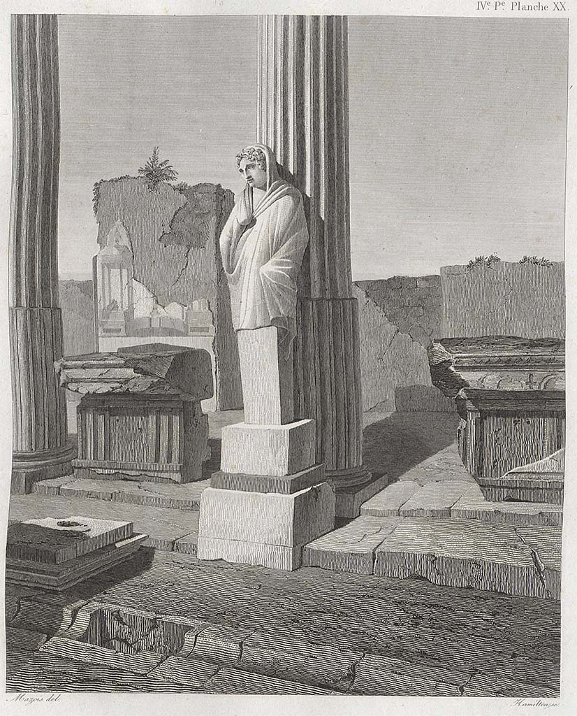 VII.7.32 Pompeii.
Drawing by Mazois of white marble statue found on east side, a herm of Hermes or Mercury.
See Mazois, F., 1838. Les Ruines de Pompei : Quatrième Partie. Paris : Didot Frères, pl. XX, and p. 41.