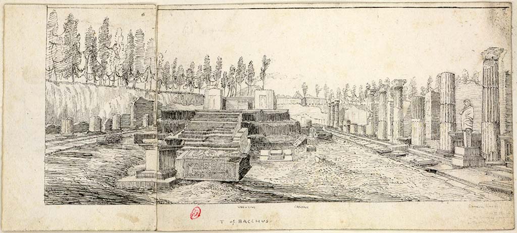 VII.7.32 Pompeii. c.1819 sketch by W. Gell. Looking north across Temple “of Bacchus”.   
See Gell W & Gandy, J.P: Pompeii published 1819 [Dessins publiés dans l'ouvrage de Sir William Gell et John P. Gandy, Pompeiana: the topography, edifices and ornaments of Pompei, 1817-1819], pl. 32.
See book in Bibliothèque de l'Institut National d'Histoire de l'Art [France], collections Jacques Doucet Gell Dessins 1817-1819
Use Etalab Open Licence ou Etalab Licence Ouverte
