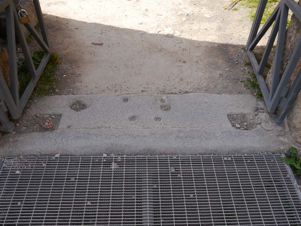 VII.7.32 Pompeii. March 2019. Detail of threshold of doorway in north-east corner of Temple.
Foto Anne Kleineberg, ERC Grant 681269 DÉCOR.