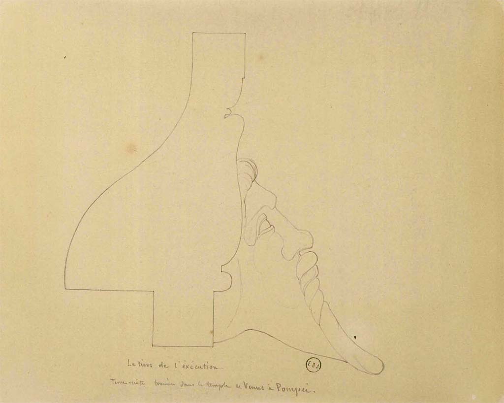 VII.7.32 Pompeii, described as " Terre-cuite trouvée dans le Temple de Vénus à Pompéi ". Cross section sketch of terracotta decoration.
See Lesueur, Jean-Baptiste Ciceron. Voyage en Italie de Jean-Baptiste Ciceron Lesueur (1794-1883), pl. 31.
See Book on INHA reference INHA NUM PC 15469 (04) « Licence Ouverte / Open Licence » Etalab
