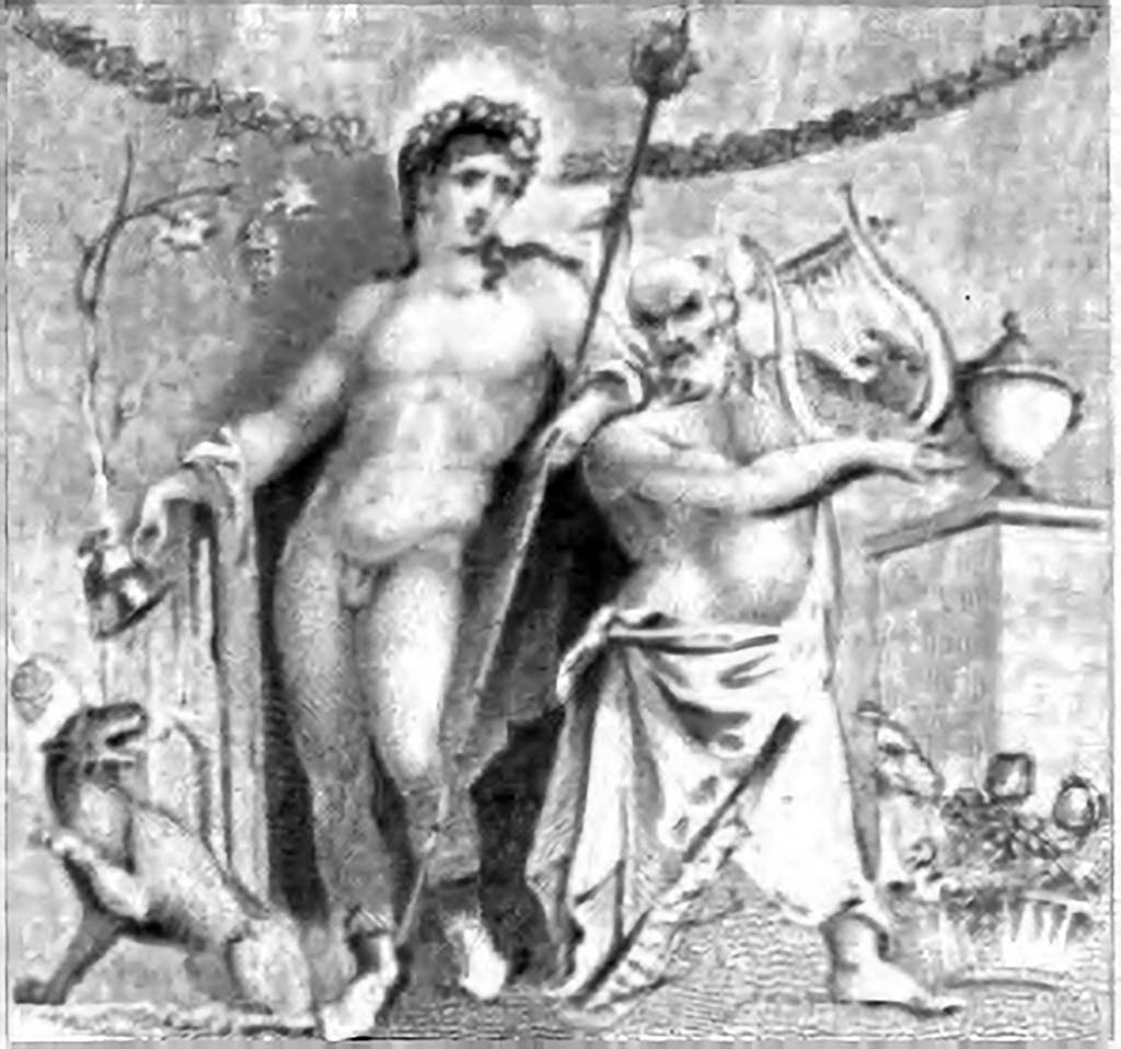 VII.7.30/32 Pompeii. 1852 drawing by Gell of the painting of Bacchus and Silenus. Small room at the rear of the temple.
According to Kuivalainen: There are four 19th century versions of this painting, with only minor differences between them. The basic composition is with two persons. An almost naked youth with a cloak around his arms and wearing boots stands in the middle, leaning on the shoulder of Silenus, who plays the lyre; the youth pours wine from a cantharus in his right hand. In the foreground, on the left, sits a panther with left foreleg raised (in
three versions, interpreted as a winged cupid in one) drinking the wine. In the background, a landscape with rocks and a vine, on the right side a basket full of fruit and a crater on a short pillar.
Gell claims that the painting "had been anciently removed from another situation" and neatly fastened.
The drawing published by Gell is not as precise as the one by Bechi.
See Kuivalainen, I., 2021. The Portrayal of Pompeian Bacchus. Commentationes Humanarum Litterarum 140. Helsinki: Finnish Society of Sciences and Letters, p. 168.