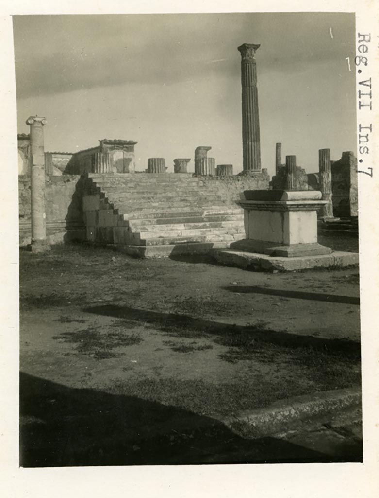VII.7.32 Pompeii. Pre-1937-39. Looking north-east towards altar and steps to podium.
Photo courtesy of American Academy in Rome, Photographic Archive. Warsher collection no. 1132.