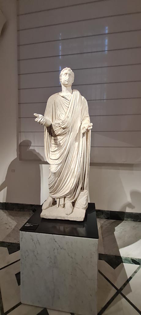 VII.7.32 Pompeii. April 2023. Statue of man wearing a toga.
Now on display in “Campania Romana gallery in Naples Archaeological Museum, inv. 6234.
Photo courtesy of Giuseppe Ciaramella.