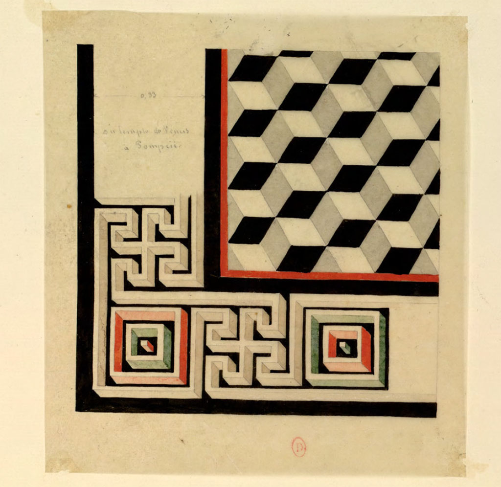 VII.7.32 Pompeii. Mai 1823? Described as from the Temple of Venus. Mosaic flooring from the cella as painted by Antoine-Marie Chenavard.
Dans la partie supérieure du feuillet, relevé d'un angle du pavement de mosaïque dans la cella du Temple d'Apollon.
See Chenavard, Antoine-Marie (1787-1883) et al. Voyage d'Italie, croquis Tome 3, pl. 103.
INHA Identifiant numérique : NUM MS 703 (3). See Book on INHA
Document placé sous « Licence Ouverte / Open Licence » Etalab