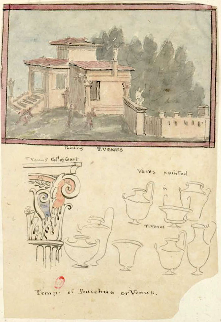 VII.7.32 Pompeii. Between 1819 and 1832, painting/drawing by W. Gell from Temple of Bacchus or Venus.
See Gell, W. Pompeii unpublished [Dessins de l'édition de 1832 donnant le résultat des fouilles post 1819 (?)] vol II, (pl.19).
Bibliothèque de l'Institut National d'Histoire de l'Art, collections Jacques Doucet, Identifiant numérique Num MS180 (2).
See book in INHA Use Etalab Licence Ouverte
