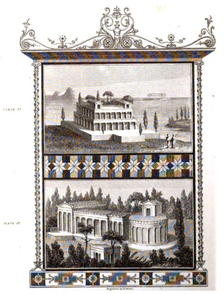VII.7.32 Pompeii. c.1821, drawings published by Gell.
According to Gell,
“Around the walls of the peribolus of the temple of Bacchus are introduced divers representations of architectural subjects and pygmies; whence it obtained the name of the House of the Dwarfs, until the year 1817, when an entire excavation having been effected in that quarter, it was found to contain a temple.
The painter in these subjects has given to the proportions of children, heads bearing the character of grown men, leaving the extremities always unfinished. Some of these are given in the Plates 55 to 62, more with a view to the architecture they represent than as works of art. The buildings in the background are always a faint blue or white, and the trees badly daubed. The figures of a dark blackish red, generally less well preserved, are difficult to make out.
Seneca moralises upon the unnatural custom of planting gardens upon the house tops, which enhanced considerably their value. It is not uncommon in Italy and Malta to the present day.
The ornament separating these two subjects is a threshold in mosaic.”
See Gell, W, and Gandy J. P., 1821. Pompeiana: 2nd edition. London: Rodwell and Martin, (p.231-2, plates LV and LVI)