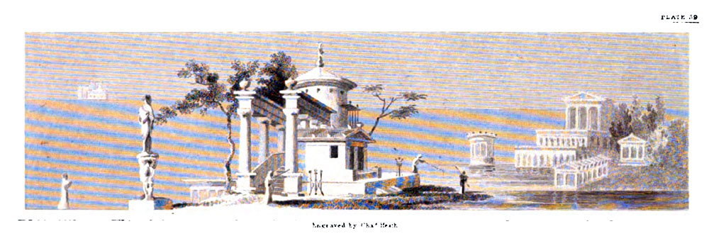 VII.7.32 Pompeii. c.1821,
According to Gell,
“The advancing colonnade, without a roof, strikes at first as being useless; but it was probably intended for training vines, of which the inter-clustered leaves and fruit formed a much cooler and more agreeable shade than stone. In the distance appears a marine villa.”
See Gell, W, and Gandy J. P., 1821. Pompeiana: 2nd edition. London: Rodwell and Martin, (p.233, plate LIX)