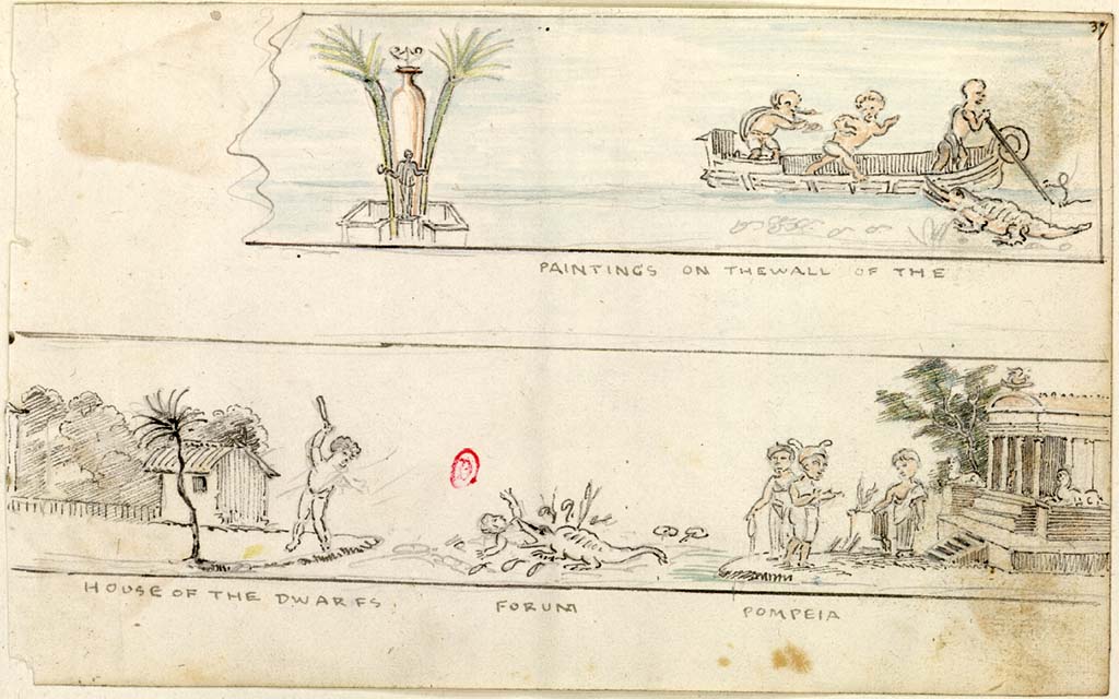 VII.7.32 Pompeii. c.1819 sketch by W. Gell of "Paintings on the wall of the House of the Dwarfs, Forum, Pompeia.”
See Gell W & Gandy, J.P: Pompeii published 1819 [Dessins publiés dans l'ouvrage de Sir William Gell et John P. Gandy, Pompeiana: the topography, edifices and ornaments of Pompei, 1817-1819], pl. 62.
See book in Bibliothèque de l'Institut National d'Histoire de l'Art [France], collections Jacques Doucet Gell Dessins 1817-1819
Use Etalab Open Licence ou Etalab Licence Ouverte
