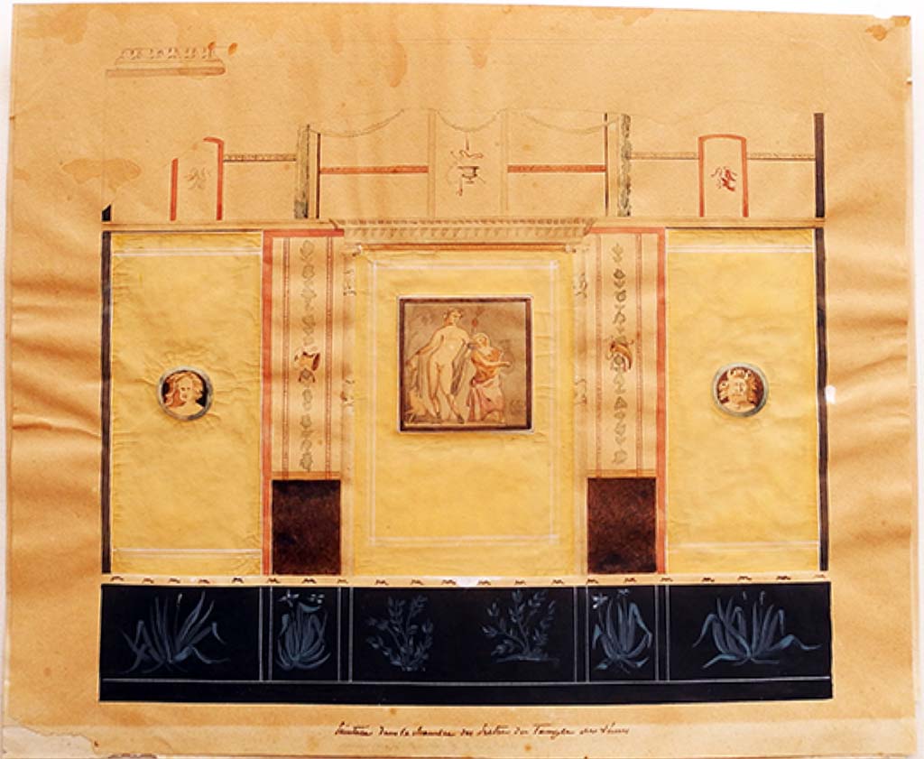 VII.7.32 Pompeii. c.1832.
Painting by Edmond Chambert, showing wall with central painting of Bacchus and Silenus, from the small room at the rear, opposite the entrance doorway.
See Chambert, E., 1832. Dessins de Pompeia. (p.19).