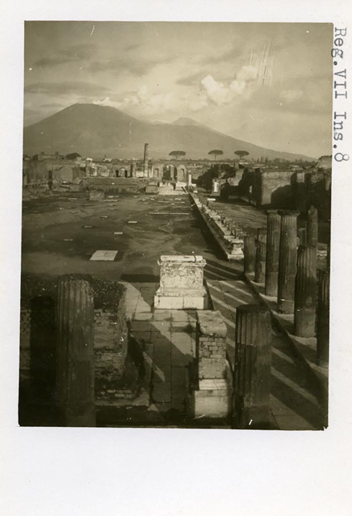 VII.8 Pompeii Forum. Pre-1937-39. Looking north along east side from south-east corner.
Photo courtesy of American Academy in Rome, Photographic Archive. Warsher collection no. 1109.