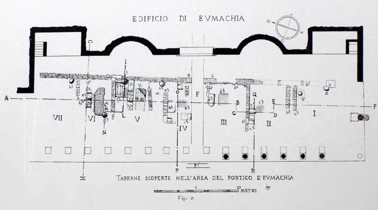 VII.8 Pompeii Forum. 1941 plan of seven Samnite shops found in the area of the chalcidicum (vestibule or portico of a public building opening on to the forum) of the Eumachia building.
See Notizie degli Scavi, 1941, p.373 for Shop I, to p.381 for Shop VII and continuing to p.386.