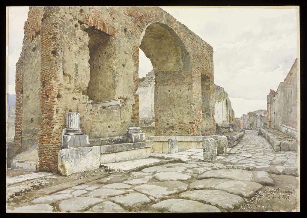 VII.8 Pompeii Forum. 1895. Watercolour by Luigi Bazzani.
Looking towards the arch at the north-east corner of the Forum, on left, and along Vicolo dei Soprastanti, on right.
Photo © Victoria and Albert Museum. Inventory number 1432-1901
(Note: this painting is described as view of the Triumphal Arch of Nero, in the Forum, Pompeii, signed 'Luigi Bazzani, Roma'.)