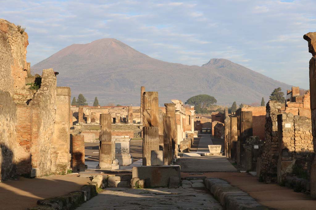 VII.8.00 Pompeii Forum. December 2018.
Looking north from fountain in Via delle Scuole, towards east side of Forum portico in south-east corner. Photo courtesy of Aude Durand.