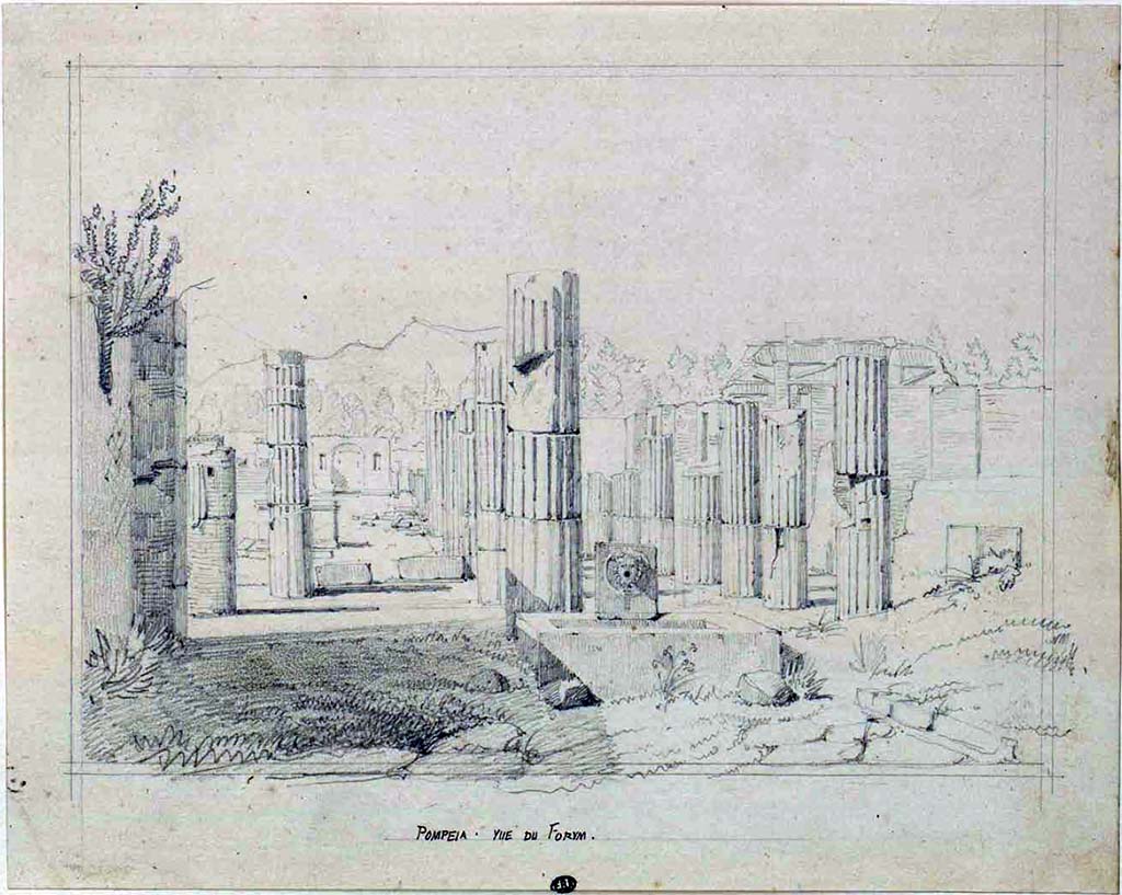 VII.8 Pompeii. Between 1823 and 1828, sketch by F. Duban, looking north towards Forum from fountain at end of Via delle Scuole.
See Duban F. Album de dessins d'architecture effectués par Félix Duban pendant son pensionnat à la Villa Medicis, entre 1823 et 1828: Tome 2, Pompéi, pl. 23.
INHA Identifiant numérique NUM PC 40425 (2)
https://bibliotheque-numerique.inha.fr/idurl/1/7157 « Licence Ouverte / Open Licence » Etalab
