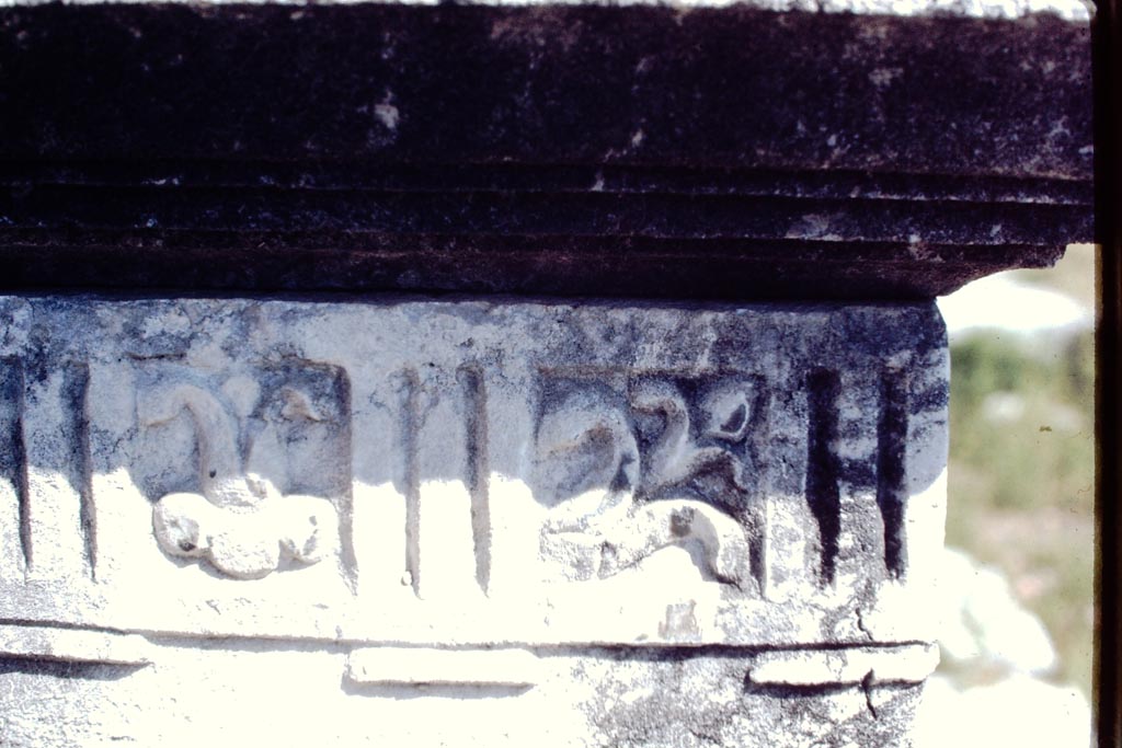 VII.8 Pompeii Forum. 1968. 
Looking north to south side of upper decoration on pedestal base for statue. Photo by Stanley A. Jashemski.
Source: The Wilhelmina and Stanley A. Jashemski archive in the University of Maryland Library, Special Collections (See collection page) and made available under the Creative Commons Attribution-Non-Commercial License v.4. See Licence and use details.
J68f0995
