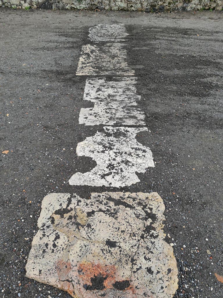 VII.8.00 Pompeii. May 2024.
Row of limestone slabs on east side of Forum, looking east towards north end of portico of Eumachia’s Building.
Photo courtesy of Klaus Heese.