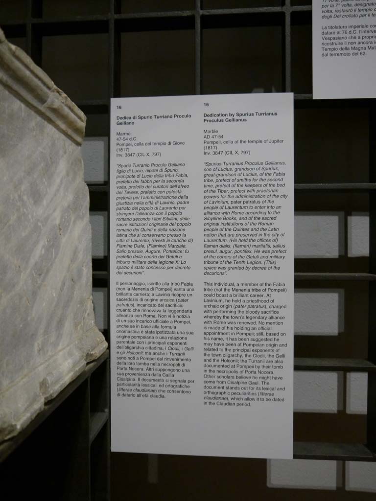 VII.8.1 Pompeii. March 2019. Information card.
Foto Anne Kleineberg, ERC Grant 681269 DÉCOR.
Dedication by Spurius Turrianus Proculus Gellianus
Marble
AD 47-54
Pompeii, cella of the temple of Jupiter
(1817)
Inv. 3847 (CIL X, 797)
"Spurius Turranius Proculus Gellianus, son of Lucius, grandson of Spurius, great-grandson of Lucius, of the Fabia tribe, prefect of smiths for the second time, prefect of the keepers of the bed of the Tiber, prefect with praetorian powers for the administration of the city of Lavinium, pater patratus of the people of Laurentum to enter into an alliance with Rome according to the Sibylline Books, and of the sacred original institutions of the Roman people of the Quirites and the Latin nation that are preserved in the city of Laurentum. (He held the offices of) flamen dialis, (flamen) martialis, salius presul, augur, pontifex. He was prefect of the cohors of the Getuli and military tribune of the Tenth Legion. (This) space was granted by decree of the decurions".
This individual, a member of the Fabia tribe (not the Menenia tribe of Pompeii) could boast a brilliant career.
At Lavinium, he held a priesthood of archaic origin (pater patratus), charged with performing the bloody sacrifice whereby the town's legendary alliance with Rome was renewed.
No mention is made of his holding an official appointment in Pompeii; still, based on his name, it has been suggested he may have been of Pompeian origin and related to the principal exponents of the town oligarchy, the Clodii, the Gelli and the Holconii; the Turranii are also documented at Pompeii by their tomb in the necropolis of Porta Nocera.
Other scholars believe he might have come from Cisalpine Gaul.
The document stands out for its lexical and orthographic peculiarities (litterae claudianae), which allow it to be dated in the Claudian period.