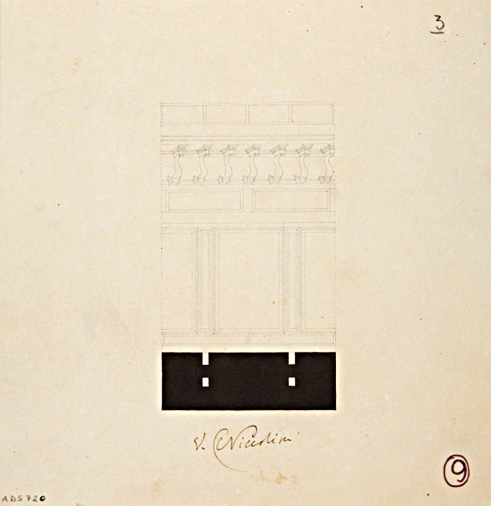 VII.8.1 Pompeii. Drawing by Pasquale Maria Veneri, signed below by V. Niccolini, of an internal wall of the cella.
Now in Naples Archaeological Museum. Inventory number ADS 720.
Photo © ICCD. http://www.catalogo.beniculturali.it
Utilizzabili alle condizioni della licenza Attribuzione - Non commerciale - Condividi allo stesso modo 2.5 Italia (CC BY-NC-SA 2.5 IT)