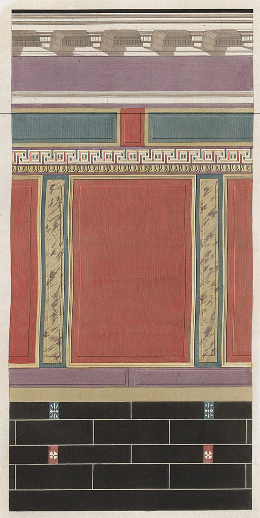 VII.8.1 Pompeii. Painted decoration of inner walls of cella by Mazois.
According to the description by Mazois –
Plate 36 showed the painted decoration of the inner walls of the cella with its harmony of colours – the black dominated in the zoccolo, with red in the panels; the frieze, in amaranth color, is surmounted by a cornice with modillions (decorative supports) painted in perspective: it is perhaps the only example of this kind.
See Mazois, F., 1829. Les Ruines de Pompei : Troisième Partie. Paris : Didot Frères, pl. XXXVI, and p.50