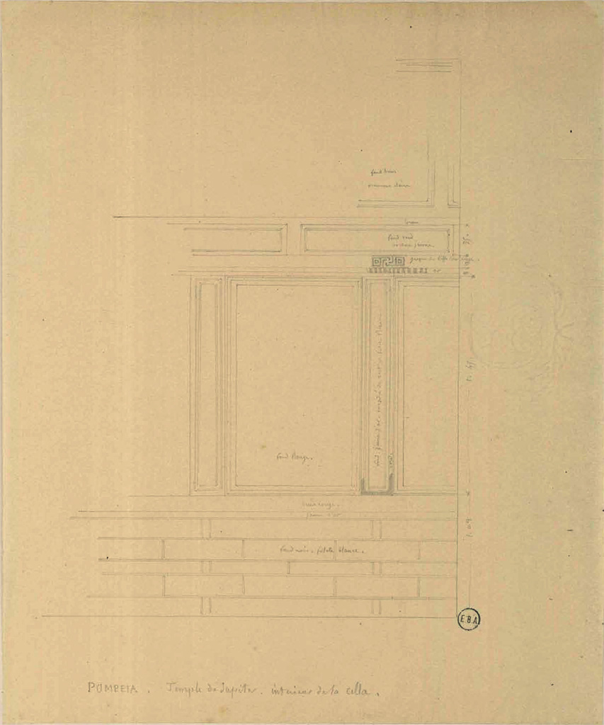 VII.8.1 Pompeii. 19th century sketch by Jean-Baptiste Ciceron Lesueur of cella wall decoration.
See Lesueur, Jean-Baptiste Ciceron. Voyage en Italie de Jean-Baptiste Ciceron Lesueur (1794-1883), pl. 23.
See Book on INHA reference INHA NUM PC 15469 (04) « Licence Ouverte / Open Licence » Etalab