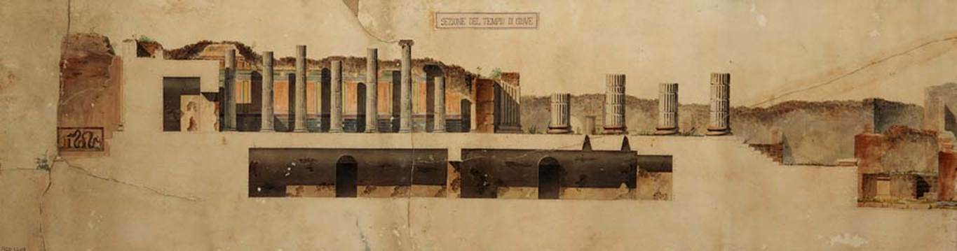 VII.8.1 Pompeii. Painting by Pasquale Maria Venera, of west side section of the Temple of Jupiter. Looking east.
On the left, starting in the Via dei Soprastanti, the painting shows the street lararium painted on the pier of the arch known as Caio or Lucio Cesare, not documented in any other design. Also shown are the vaulted rooms beneath the podium.
Now in Naples Archaeological Museum. Inventory number ADS 1210a.
Photo © ICCD. http://www.catalogo.beniculturali.it
Utilizzabili alle condizioni della licenza Attribuzione - Non commerciale - Condividi allo stesso modo 2.5 Italia (CC BY-NC-SA 2.5 IT)