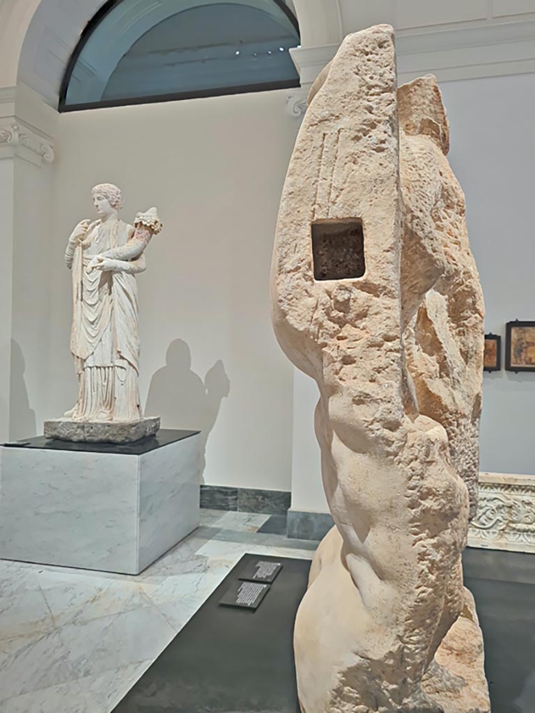 VII.8.1 Pompeii. April 2023.
Detail of side and rear of block of white marble reworked to create the torso of a colossal statue of Jupiter.
The rear of the block has roughly carved depictions of a male figure (Dionysus?) and a boy
On display in “Campania Romana” gallery in Naples Archaeological Museum. Photo courtesy of Giuseppe Ciaramella.