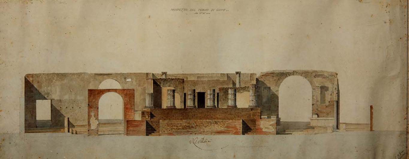 VII.8.1 Pompeii. Painting by Pasquale Maria Veneri, 1843, showing the Temple on the north side of the forum.
Now in Naples Archaeological Museum. Inventory number ADS 695b.
Photo © ICCD. http://www.catalogo.beniculturali.it
Utilizzabili alle condizioni della licenza Attribuzione - Non commerciale - Condividi allo stesso modo 2.5 Italia (CC BY-NC-SA 2.5 IT)